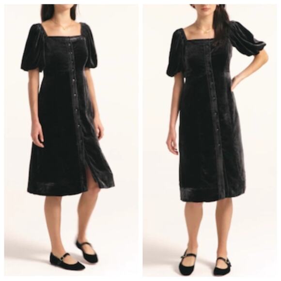 J. Crew Dresses & Skirts - NEW J. Crew Puff Sleeve Black Velvet Midi Dress Button Front Womens 10 BD492